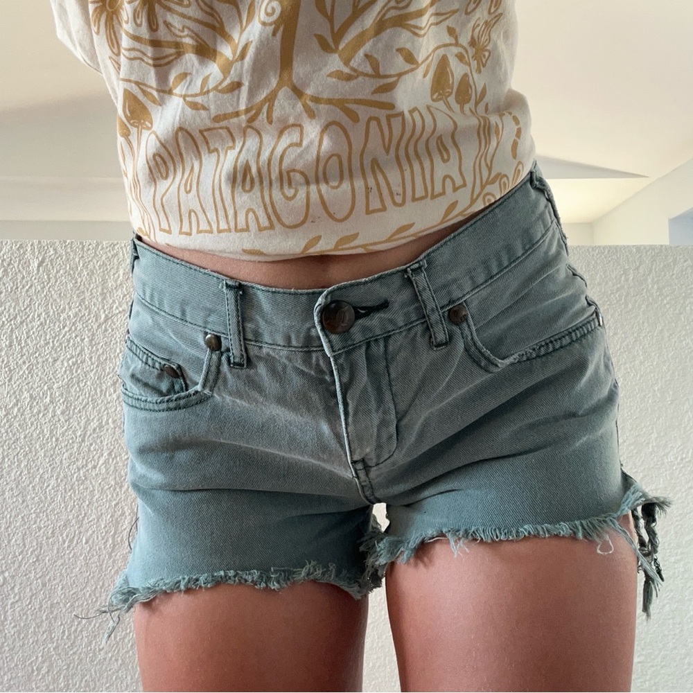 Free People 26 Teal Blue Frayed Hippie Boho Distressed Cut off Jean Shorts